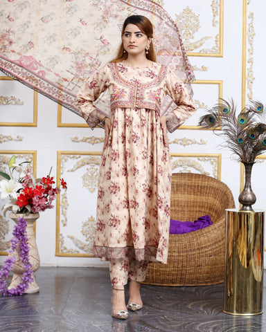 Designer Embroidered Three Piece Maxi/ Frock | Floral Printed | Winter Cotton