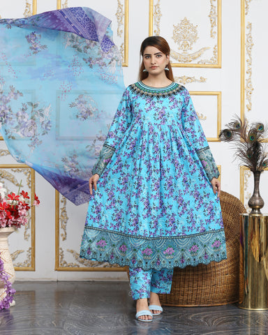 Designer Embroidered Three Piece Maxi/ Frock | Floral Printed | Winter Cotton