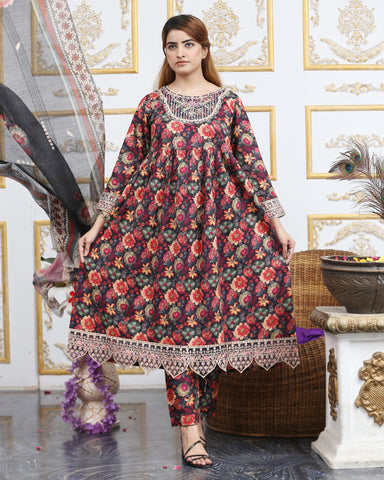 Designer Embroidered Three Piece Maxi/ Frock | Floral Printed | Winter Cotton