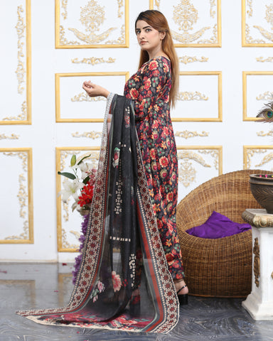 Designer Embroidered Three Piece Maxi/ Frock | Floral Printed | Winter Cotton