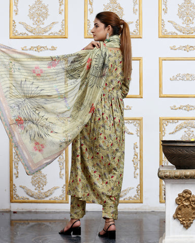 Designer Embroidered Three Piece Maxi/ Frock | Floral Printed | Winter Cotton