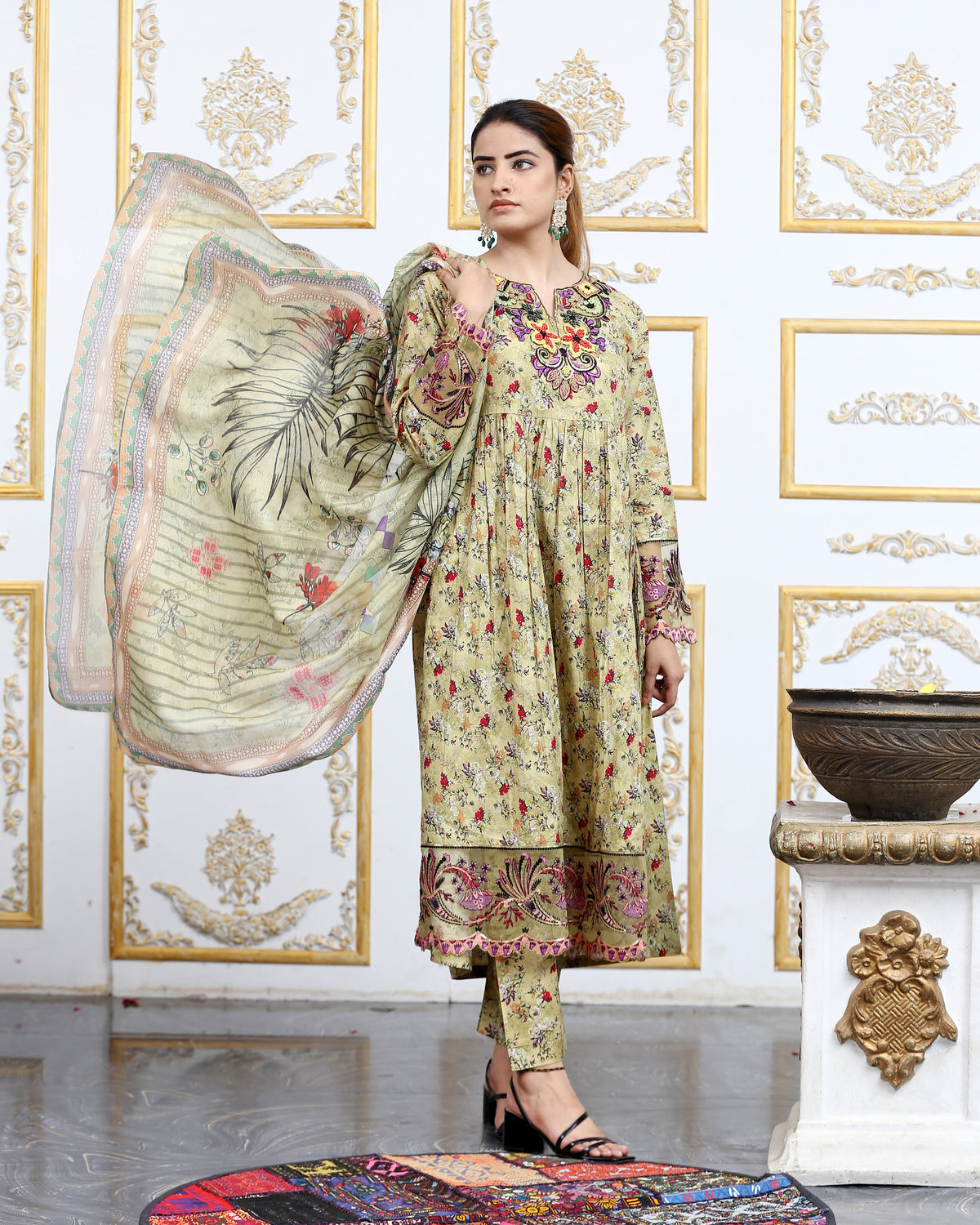 Designer Embroidered Three Piece Maxi/ Frock | Floral Printed | Winter Cotton