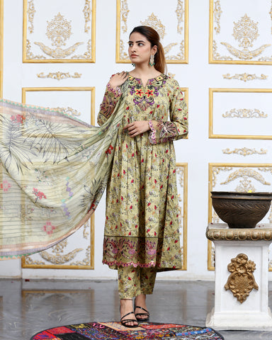 Designer Embroidered Three Piece Maxi/ Frock | Floral Printed | Winter Cotton