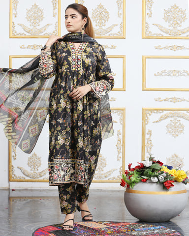 Designer Embroidered Three Piece Maxi/ Frock | Floral Printed | Winter Cotton