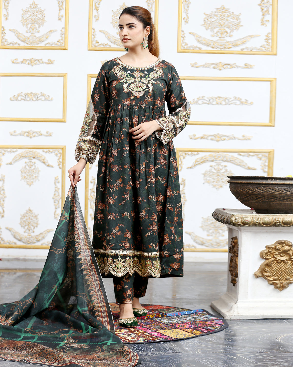 Designer Embroidered Three Piece Maxi/ Frock | Floral Printed | Winter Cotton