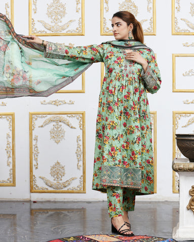 Designer Embroidered Three Piece Maxi/ Frock | Floral Printed | Winter Cotton