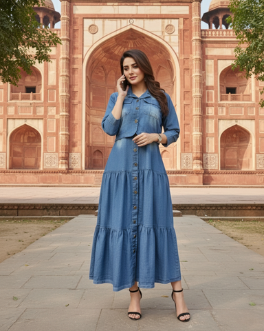 Western Denim Jacket Maxi | Designer "Western Maxi" | Denim Jeans Fabric