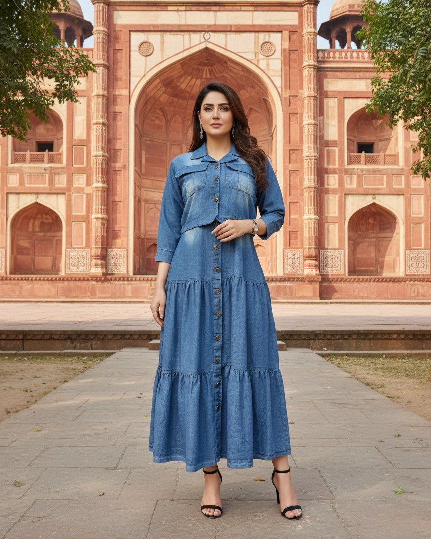 Western Denim Jacket Maxi | Designer "Western Maxi" | Denim Jeans Fabric