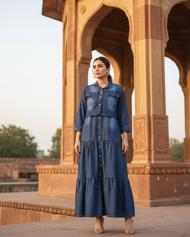 Western Denim Jacket Maxi | Designer "Western Maxi" | Denim Jeans Fabric