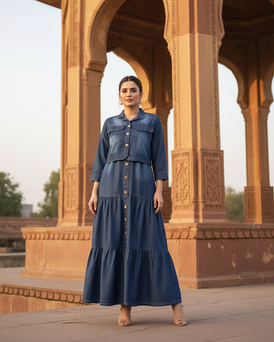 Western Denim Jacket Maxi | Designer "Western Maxi" | Denim Jeans Fabric