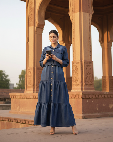 Western Denim Jacket Maxi | Designer "Western Maxi" | Denim Jeans Fabric