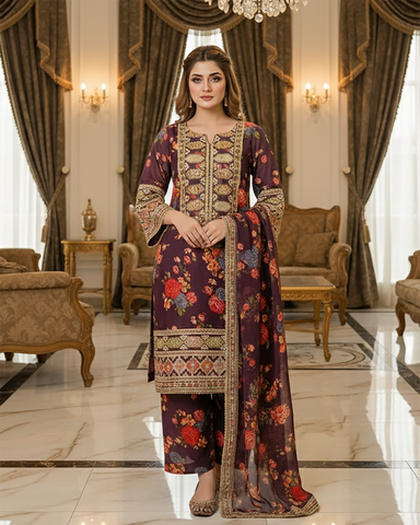 Designer Three Piece | Embroidered - Nimra | Shamoz Silk