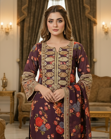 Designer Three Piece | Embroidered - Nimra | Shamoz Silk