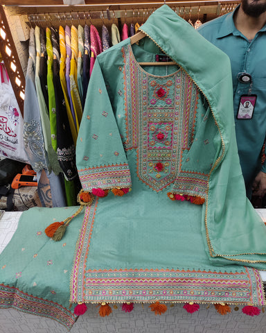 Designer Three Piece | Embroidered - Badshah Begum | Premium Khaddar