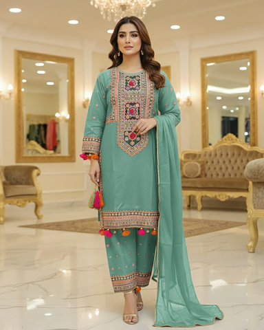 Designer Three Piece | Embroidered - Badshah Begum | Premium Khaddar