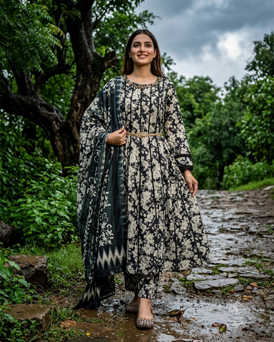 Printed Three Piece | D Platted Frock - Kalli Frock | Premium Printed Lawn