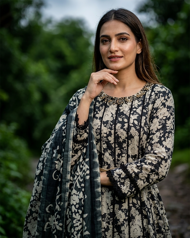 Printed Three Piece | D Platted Frock - Kalli Frock | Premium Printed Lawn