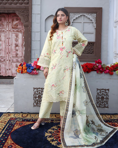 Designer Printed Three Piece | Embroidered - Flora | Winter Cotton