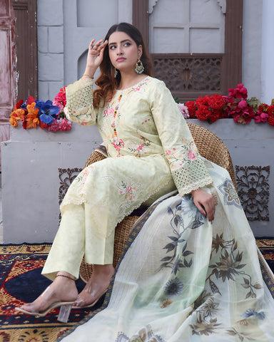 Designer Printed Three Piece | Embroidered - Flora | Winter Cotton