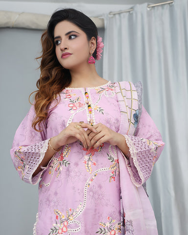 Designer Printed Three Piece | Embroidered - Flora | Winter Cotton