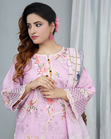 Designer Printed Three Piece | Embroidered - Flora | Winter Cotton