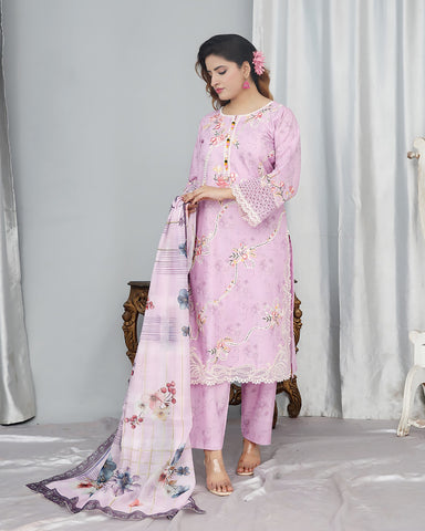 Designer Printed Three Piece | Embroidered - Flora | Winter Cotton