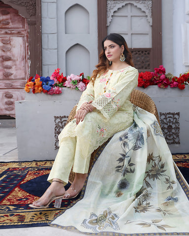 Designer Printed Three Piece | Embroidered - Flora | Winter Cotton