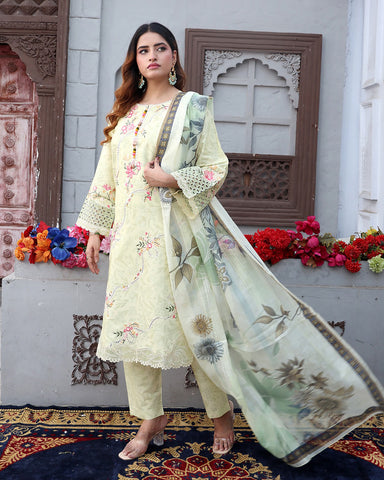 Designer Printed Three Piece | Embroidered - Flora | Winter Cotton