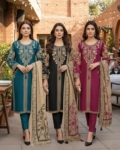 Designer Three Piece | Embroidered - Sard Raatain | Premium Winter Cotton