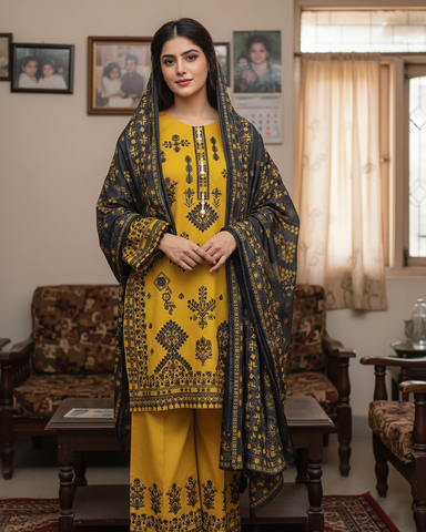 Designer Three Piece | Embroidered Betaab | Winter Khaddar