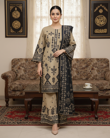 Designer Three Piece | Embroidered Betaab | Winter Khaddar