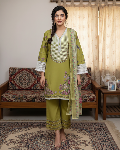 Designer Three Pieces | Embroidered - Titli | Dobby Cotton