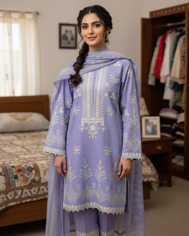 Designer Three Piece | Embroidered Malika | Dobby Cotton