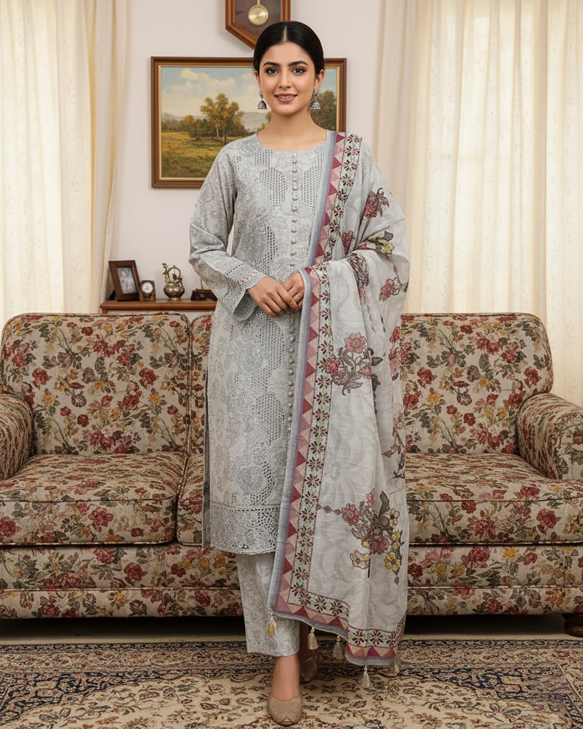 Designer Three Piece | Embroidered Printed - Honey Jaal | Winter Cotton