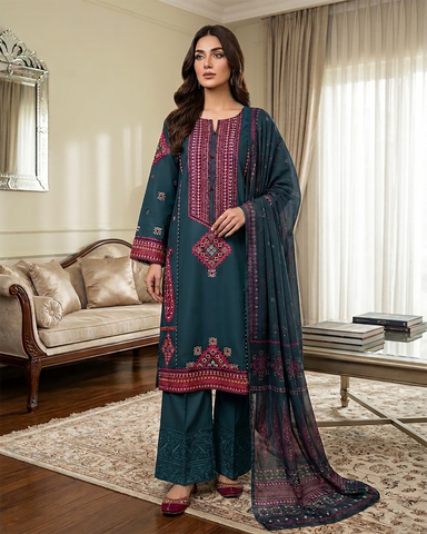 Designer Three Piece | Embroidered - Mushk | Premium Lawn Cotton