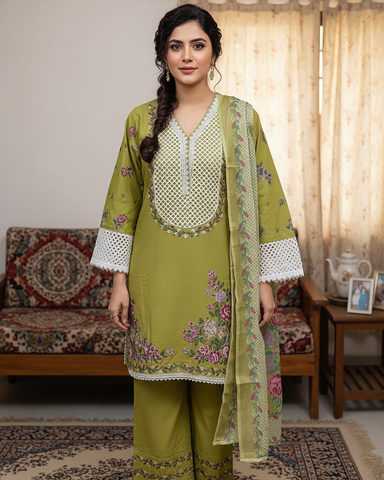 Designer Three Pieces | Embroidered - Titli | Dobby Cotton