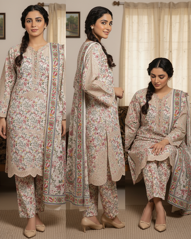 Designer Three Piece | Embroidered - Masterfully Crafted | Khaddar