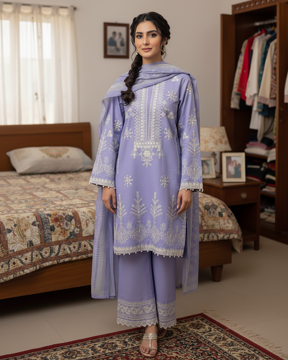 Designer Three Piece | Embroidered Malika | Dobby Cotton