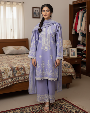 Designer Three Piece | Embroidered Malika | Dobby Cotton
