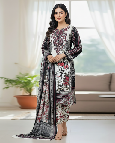 Designer Printed Three Piece | Embroidered - Nadia | Corduroy Khaddar