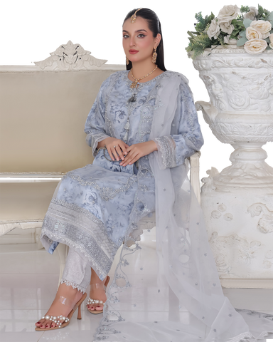 Three Piece Formals | Festive Embroidered - Husna | Premium Organza