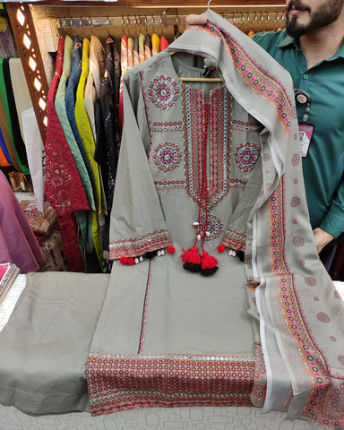 Designer Three Piece | Embroidered - Zardozi | Premium Lawn Cotton