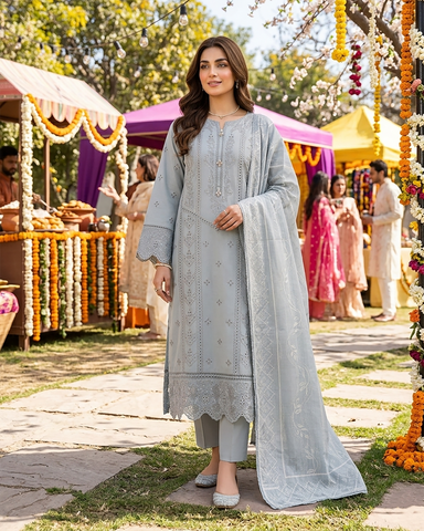 Designer Three Piece | Embroidered-Lehar | Premium Lawn
