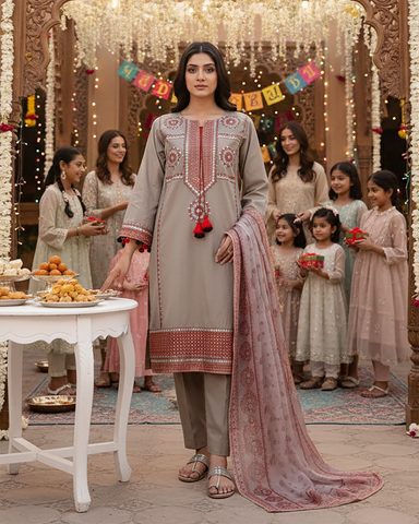 Designer Three Piece | Embroidered - Zardozi | Premium Lawn Cotton