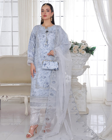 Three Piece Formals | Festive Embroidered - Husna | Premium Organza