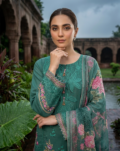 Designer Three Piece | Embroidered - Zara 3D Leaves | Cotton Lawn