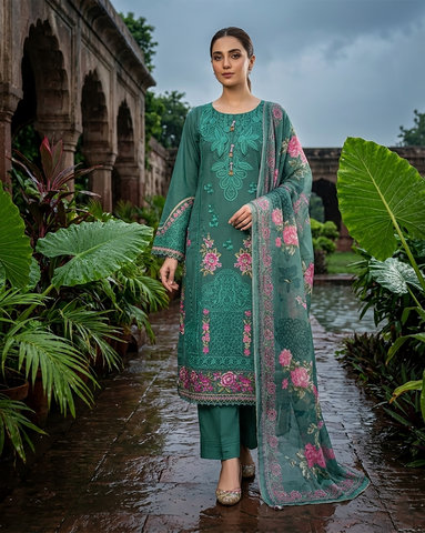 Designer Three Piece | Embroidered - Zara 3D Leaves | Cotton Lawn