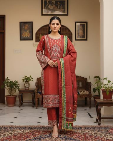 Designer Three Piece | Embroidered - Hoorain | Khaddar Cotton