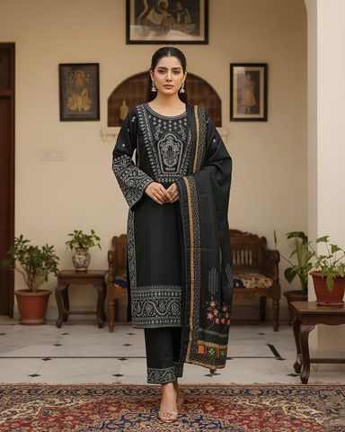 Designer Three Piece | Embroidered - Hoorain | Khaddar Cotton