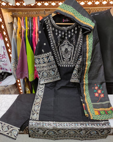 Designer Three Piece | Embroidered - Hoorain | Khaddar Cotton